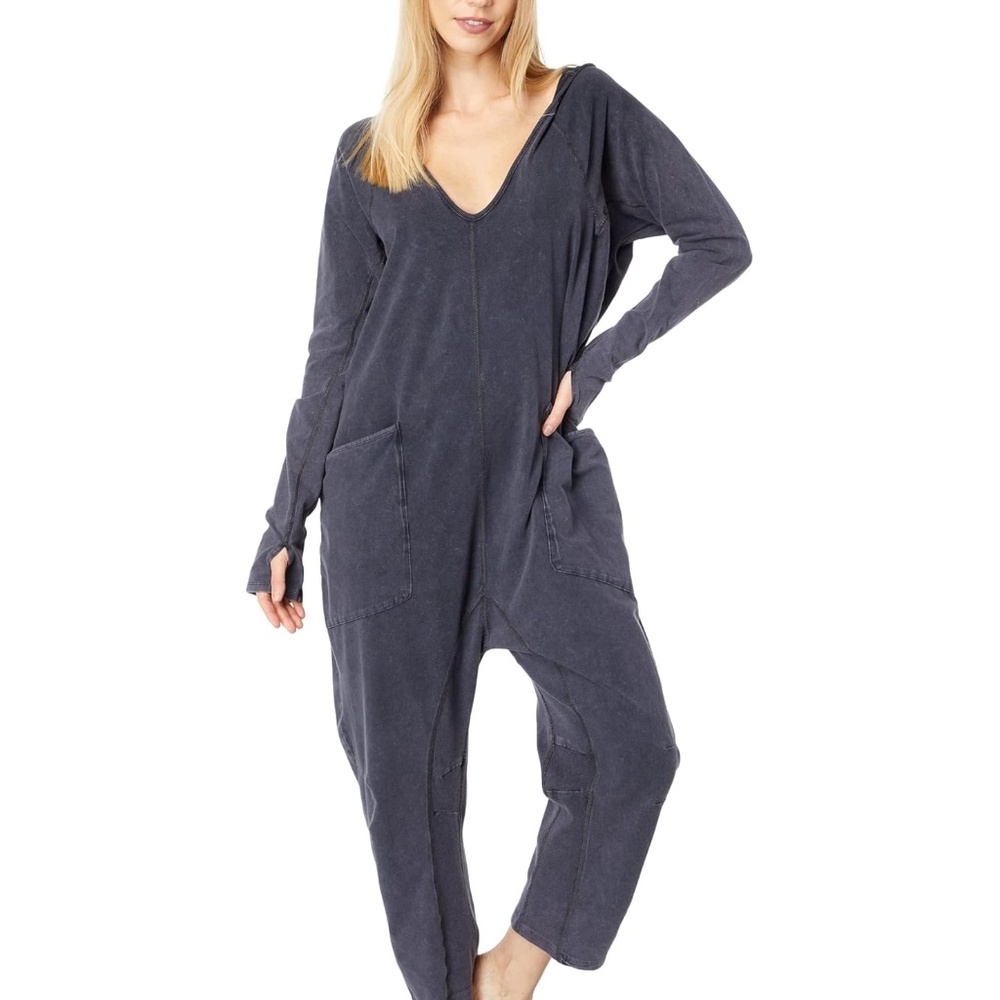 Free People FP Movement Hot Shot Long Sleeve Hooded Jumpsuit Gray Black Size S